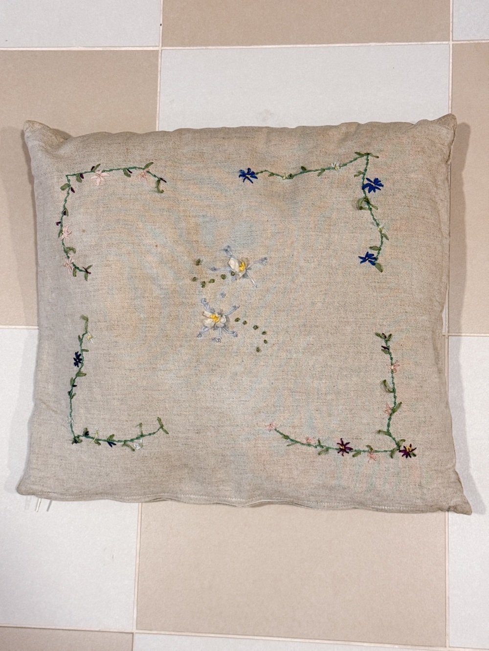 Vintage Embroidered Floral Linen Throw Pillow - Neutral Beige